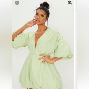 Pistachio Puff Sleeve Puffball Hem Shift Dress